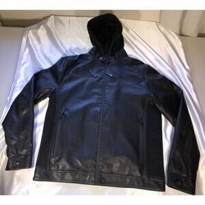Jacket Moto Bomber Pockets Faux Leather Fleece Hood Mens Size L Unbranded